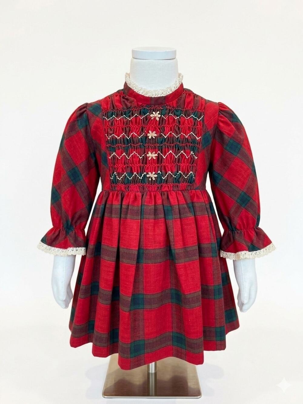 Vintage Polly Flinders 4T Red Plaid Hand Smocked Dress Lace Trim